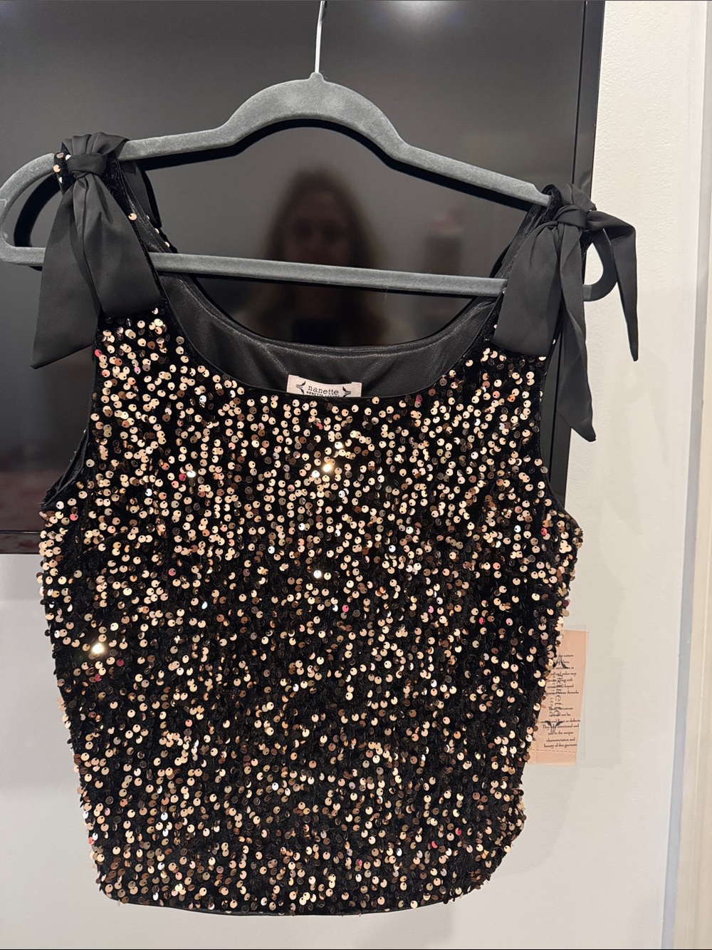 NWT Nanette Lepore Black/Gold Sequin Tie-Shoulder Cropped Tank Top SZ M Lined